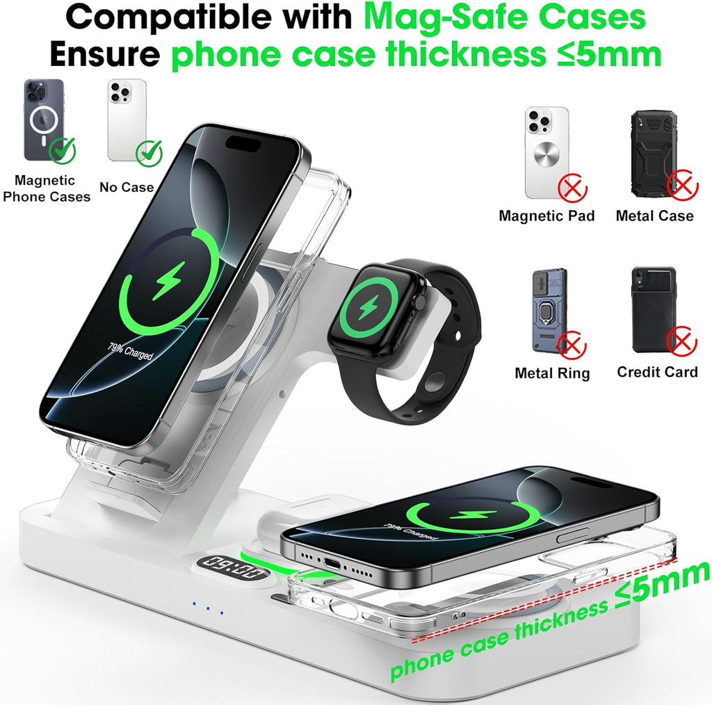 Dual Phone Wireless Charging Station for Apple Devices, Magnetic Charging Station for iPhone with Auto Switch 7-Color Light&Clock, Family Watch Charger for iPhone17 for iWatch11 for AirPods Pro3(Cream