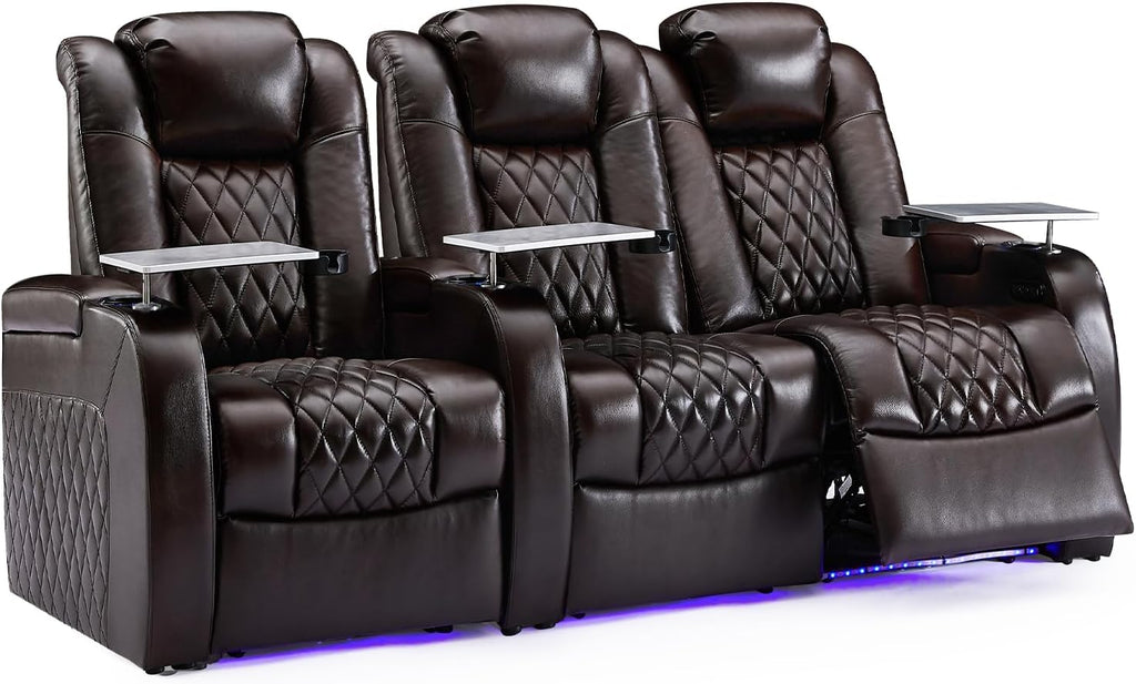 Weilianda Home Theater Seating Top Grain Leather Zero Gravity Recliner Chair Power Headrest Recline Movie Seat Gaming 7 Colors Mood Light Sofa with Tray Table USB Charge Row of 3 Loveseat Right Brown