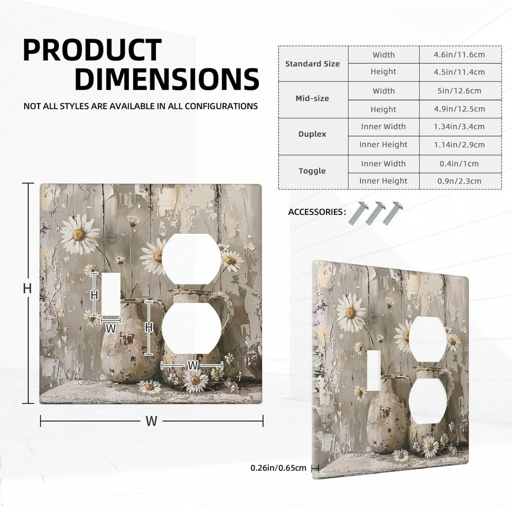 Wallplates Vintage Rustic Floral White Daisy Flower Oil Painting Style 1 Toggle 1 Duplex Switch Plate Electrical GFCI Faceplate Decorative Light Switch Covers for Home Farmhouse Decor