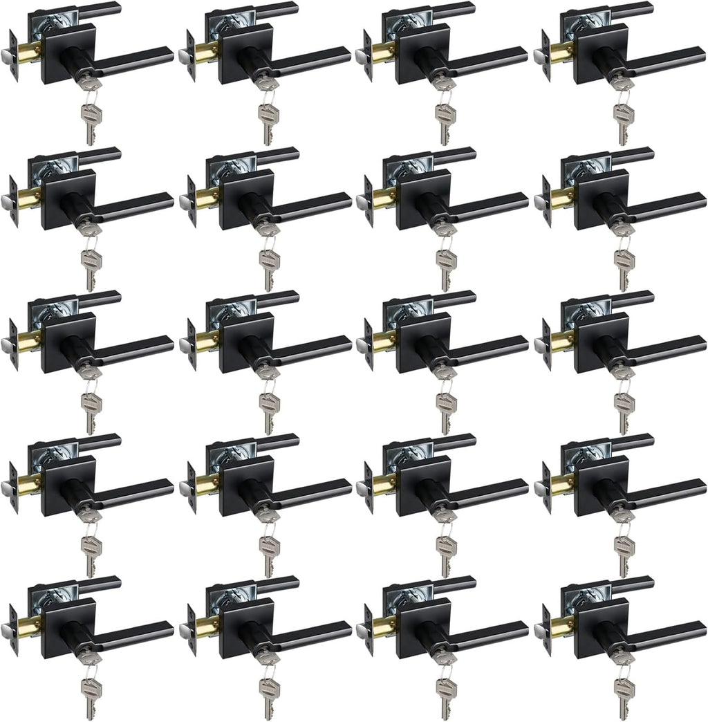 Keyed Entry Door Lever with Lock, Heavy Duty Square Interior Handle for Front Door and Office, Matte Black, Reversible for Right&Left Handed, 20Packs