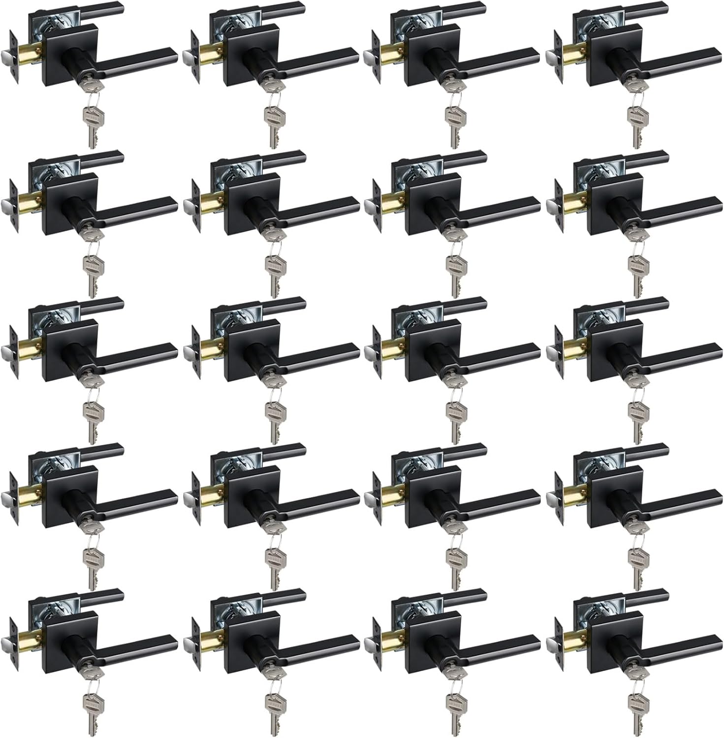 Keyed Entry Door Lever with Lock, Heavy Duty Square Interior Handle for Front Door and Office, Matte Black, Reversible for Right&Left Handed, 20Packs