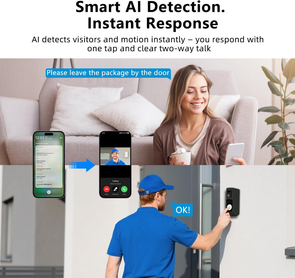 Video Doorbell Camera Wireless with Charm, HD Camera, Real-Time Alerts Ring Call, Pan Rotate, AI Detection, Power Battery, Home Security Apartment Camara para Puerta, 2.4G WiFi, Carbon Fiber