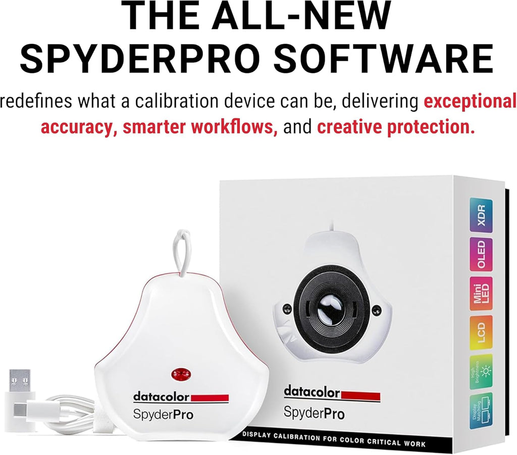 datacolor SpyderPro - Monitor Calibration Up to 12000nits, 3D LUT Capability, Device Preview Plus, Content Credentials (C2PA), and Light Meter Integration