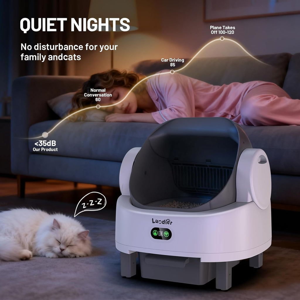 Self Cleaning Litter Box, Automatic Cat Litter Box Self Cleaning with APP Control, Odor-Free Waste Disposal Includes Trash Bags, Triple Safety Sensor, for Multiple Cats, Open-Top(White-Grey)