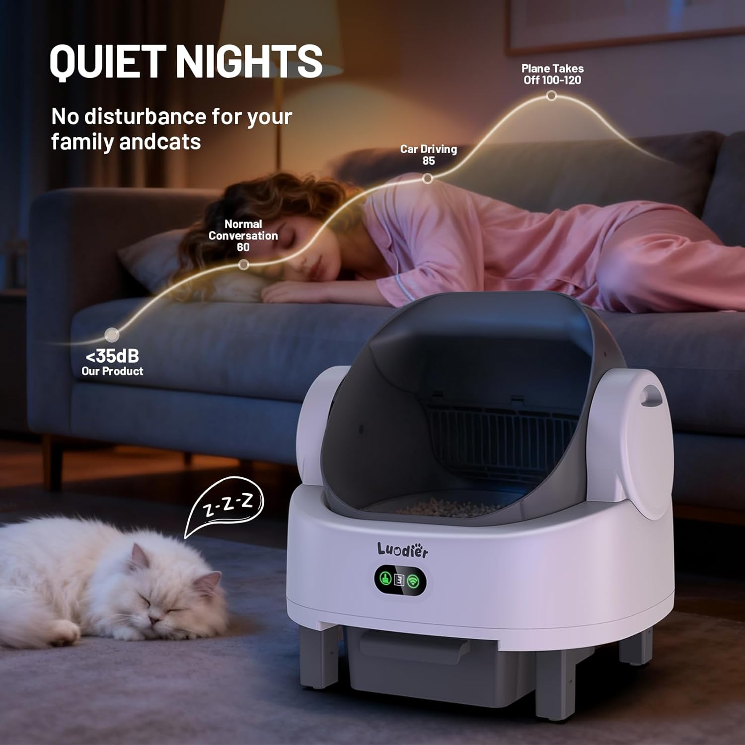 Self Cleaning Litter Box, Automatic Cat Litter Box Self Cleaning with APP Control, Odor-Free Waste Disposal Includes Trash Bags, Triple Safety Sensor, for Multiple Cats, Open-Top(White-Grey)