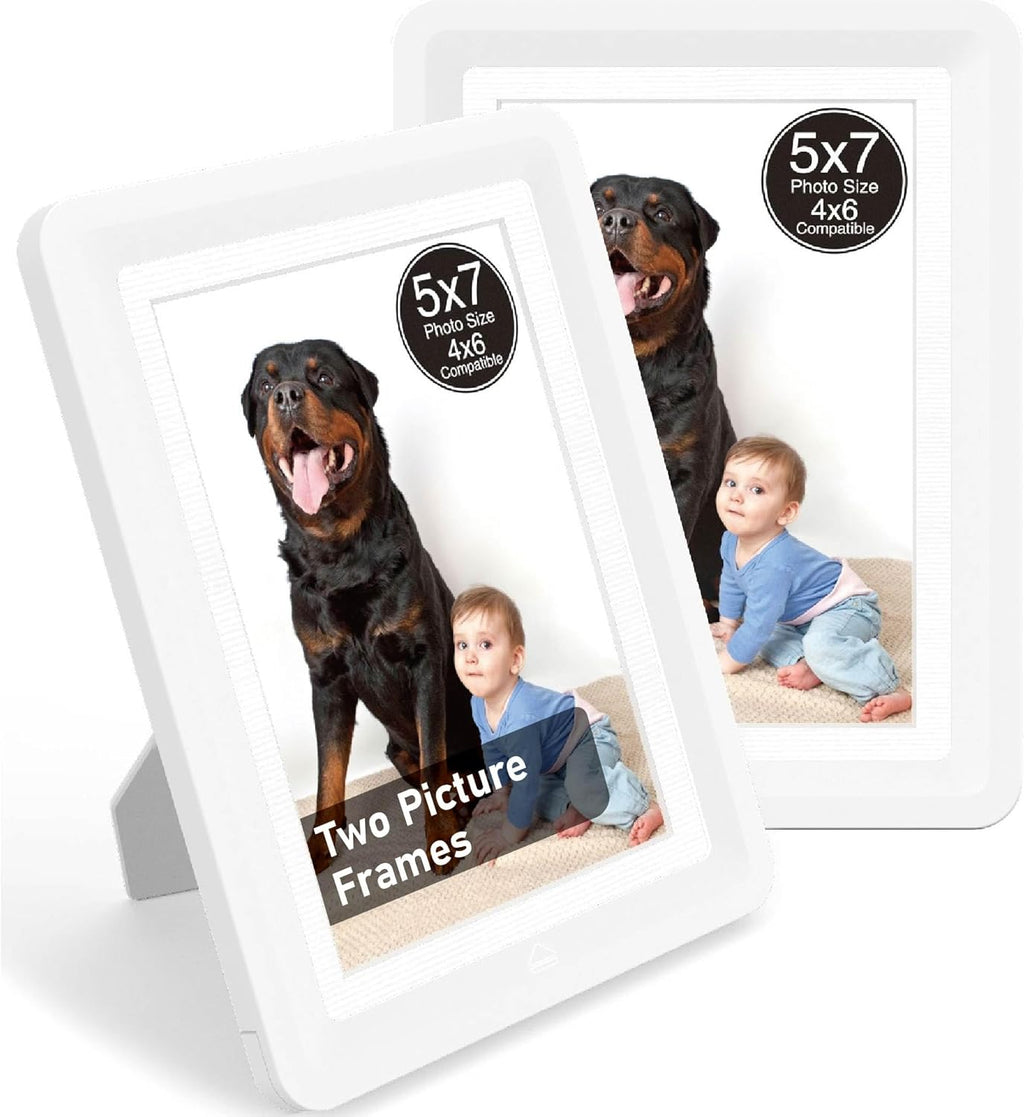 White 5x7 Picture Frame with Acrylic Front 2 Pack, ABS Frame for 5x7 or 4x7 Photos, Shatterproof UV-Resistant Tabletop Photo Frame, Vertical/Horizontal Display for Home Décor
