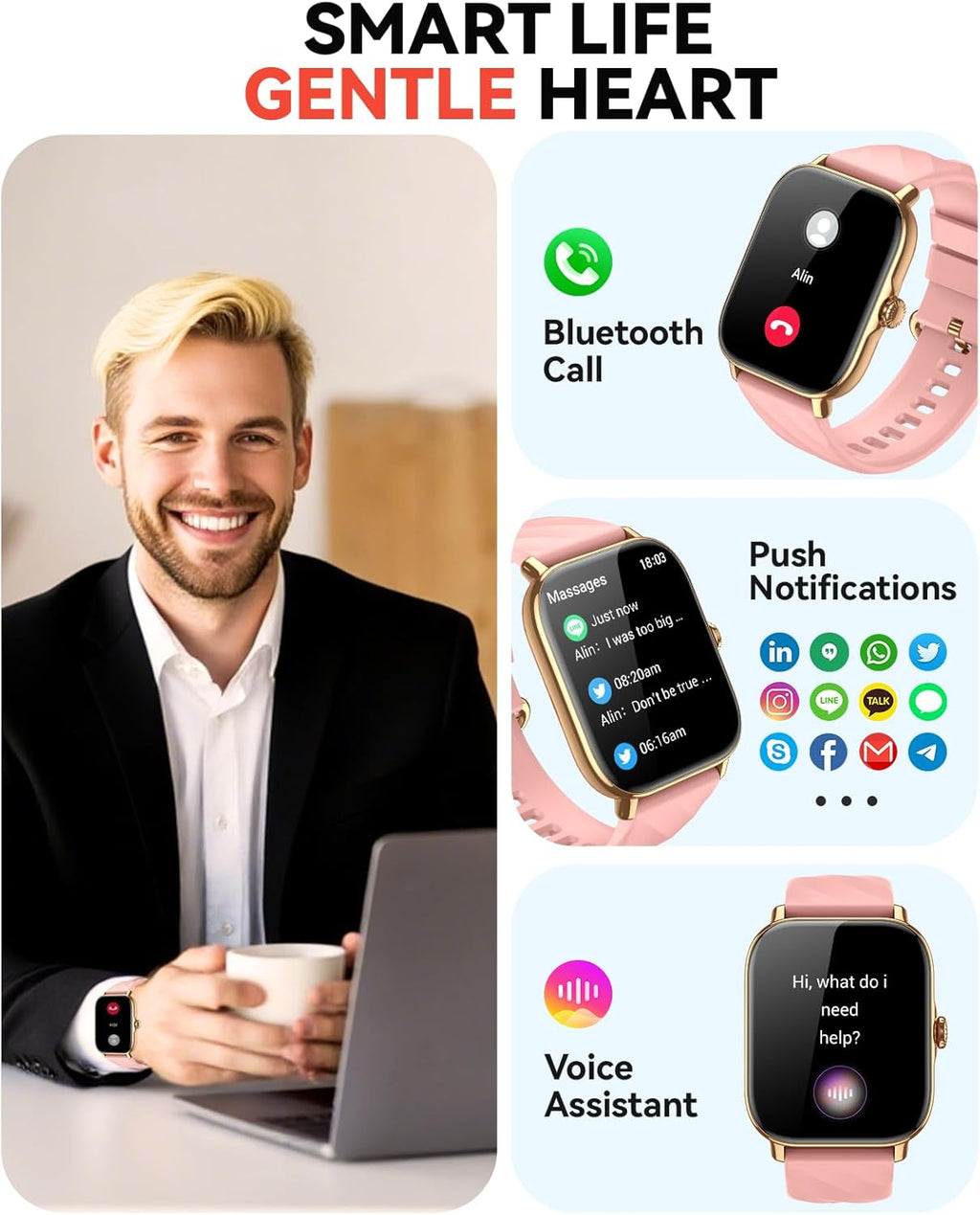 Smart Watches Fitness Tracker for Men Women with Step Counter, Sleep / Calorie Monitor, Pedometer, IP68 Waterproof, 120+ Sports for iPhone Android, 1.91”HD Touchscreen Smartwatch (Casual, Pink, 1.91)