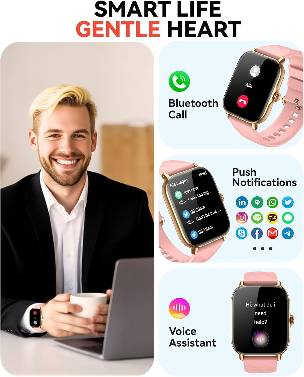 Smart Watches Fitness Tracker for Men Women with Step Counter, Sleep / Calorie Monitor, Pedometer, IP68 Waterproof, 120+ Sports for iPhone Android, 1.91”HD Touchscreen Smartwatch (Casual, Pink, 1.91)