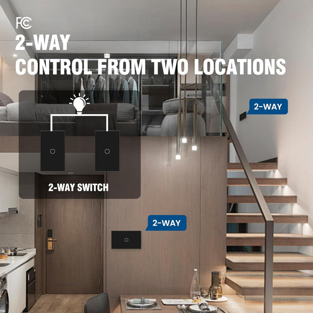 2 Way Light Switch 118X72X34MM No Neutral Wire, Wall Touch Switch 1000W, Tempered Glass Panel, FCC, Black 1 Gang