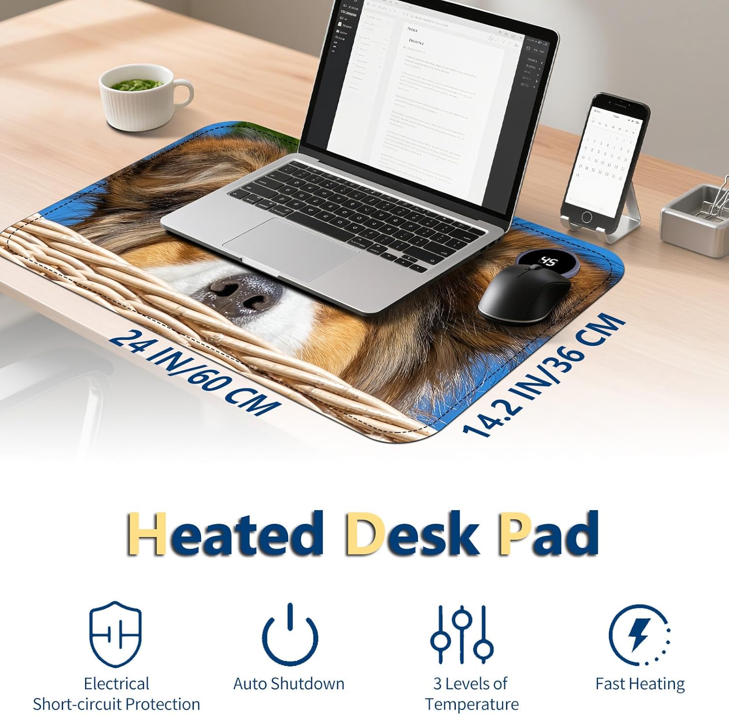 Heated Mouse Pad with 3 Temperature Settings(104°F–122°F),Large 24x14.2 Inch PU Leather Heated Desk Mat,Waterproof Warming Pad for Office,Gaming & Cold Hands Relief,Cute Dog