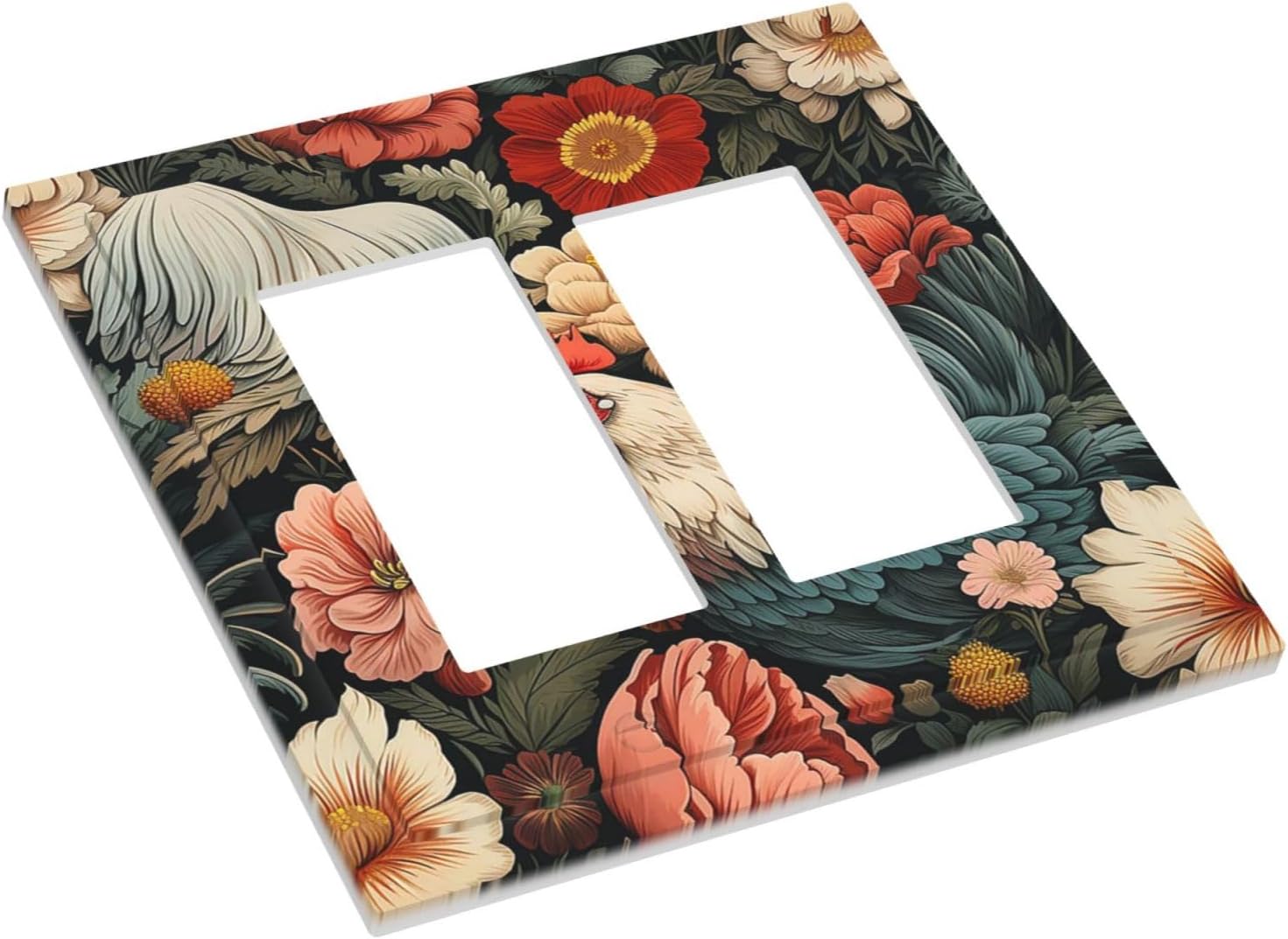 Decorative Outlet Covers Rooster Flowers Red White Chicken Floral 2 Gang Double GFCI Rocker Electrical Wall Panels Light Switch Cover Plate for living Room Farmhouse Decor