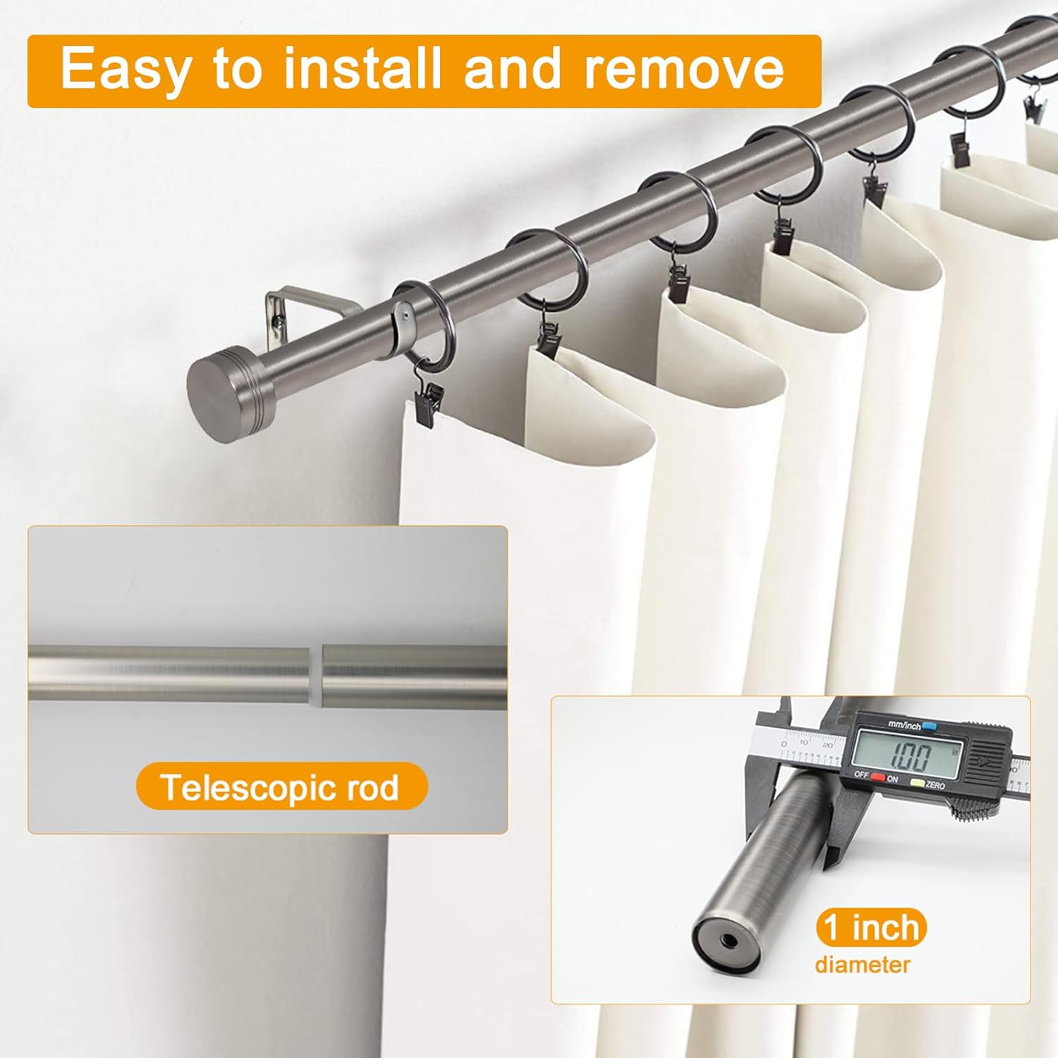 Brushed Nickel Curtain Rod for Windows 18 to 144 Inches, 1 Inch Adjustable Drapery Pole, Heavy Duty Outdoor/Indoor Modern Curtain Rods, Easy Installation(Satin Nickel 18"-144")