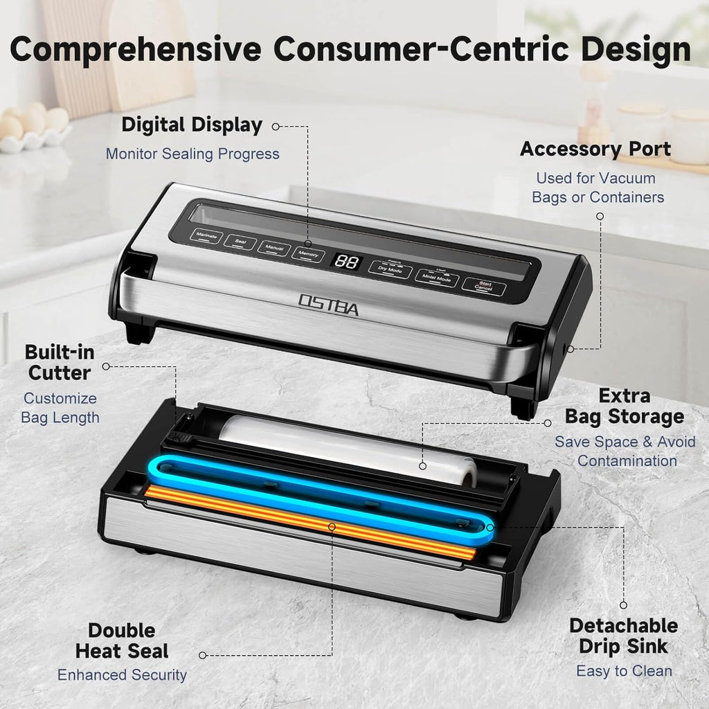 OSTBA 180W Vacuum Sealer Machine, 12-in-1 Double Pump Food Saver with Built-in Cutter & Bag Storage, Easy-Lock Handle, Dry & Moist & Marinate, Memory Function, Includes 1 Roll of Vacuum Bags & Hose