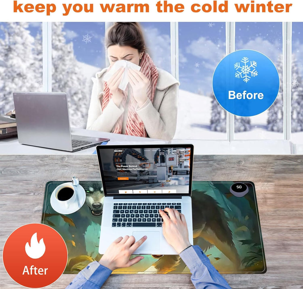 Heated Mouse Pad for Desk 31.5" x 13" – PU Leather Warm Desk Pad with 3 Heat Levels (104°F/113°F/122°F), Plug-in Electric Heating Mat with Auto Shut-Off, Waterproof & Rollable, Forest Wolves