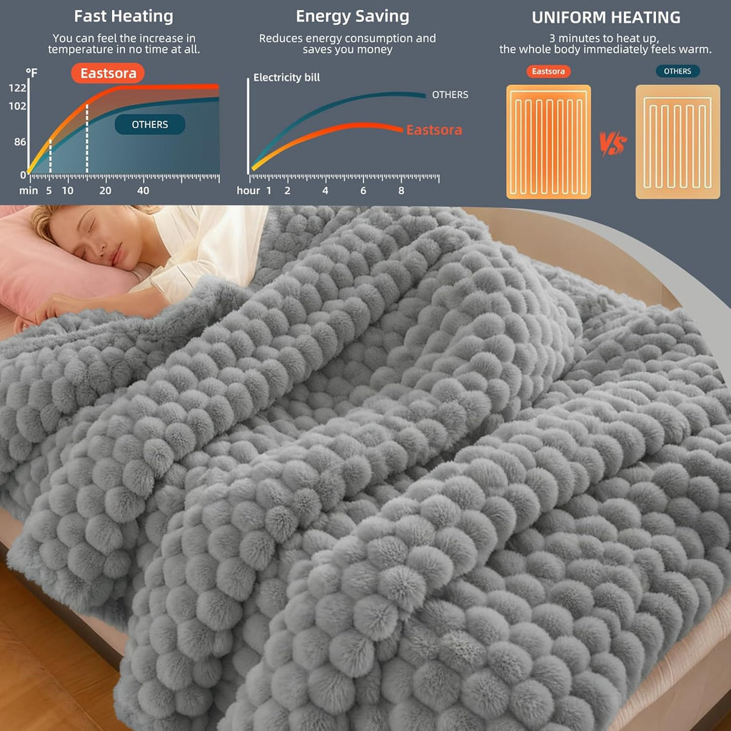 Electric Heated Blanket 90''x100'' – Large Soft Ribbed Faux Fur Fast Heating Blanket with 12 Heat Settings, 1–12H Timer, Overheat Protection ETL & FCC Certified Machine Washable