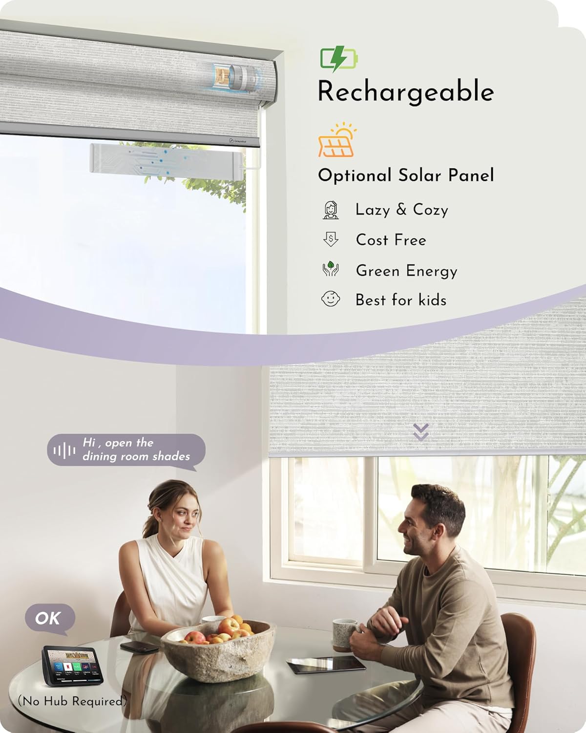 Graywind Smart Blackout Roller Shades Compatible with Alexa Google Textured Fabric Rechargeable Motorized Blinds Cordless Remote Control Window Shades, Custom Size (Metallic Fuscous Grey)