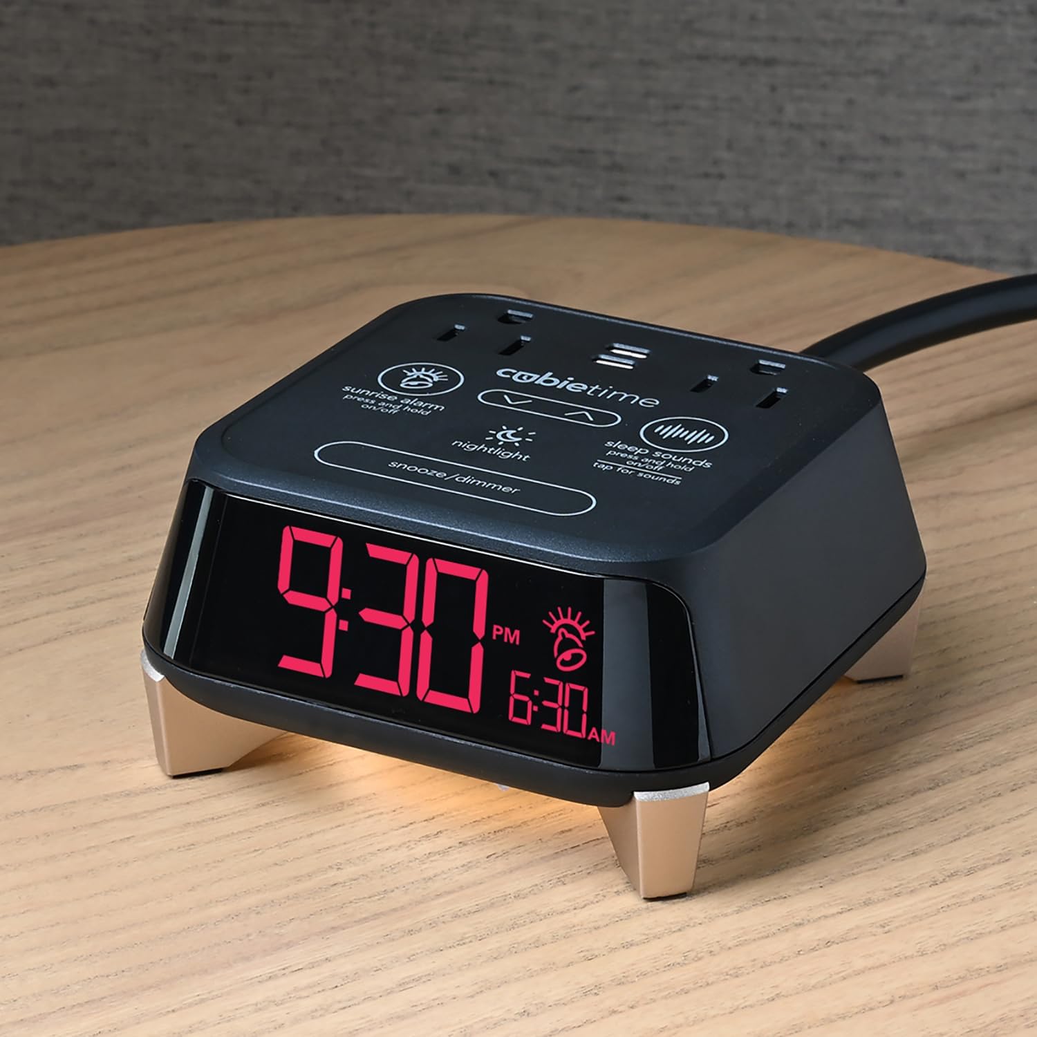 Brandstand CubieTime Zen | Alarm Clock Charger with White Noise and Sunrise Alarm | 2 USB-C Ports | 2 Tamper Resistant Outlets | Night Light