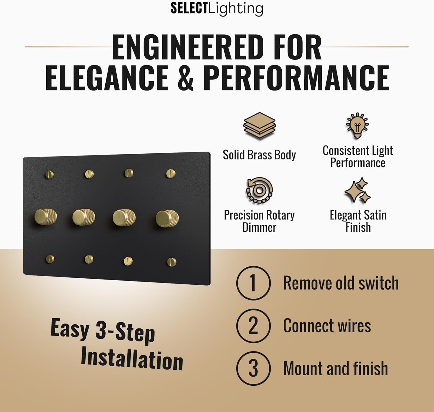 SELECT Black Brass Dimmer Light Switch, 1 Way Rotary Dimmer, 4 Gang TRIAC/Leading Edge Dimmable LED Light Switch, 15A 120V AC with Brass Knob, Faceplate & Dimming Module, UL Listed