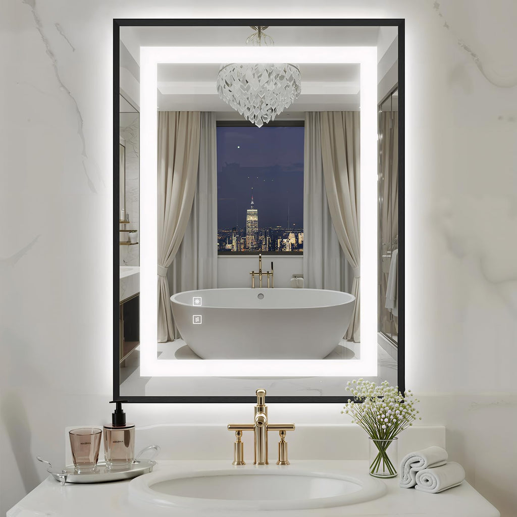 24X32 Inch LED Bathroom Mirror with Lights, Black Frame Frontlit+ Backlit Bathroom Vanity Mirror for Wall, Ultra-Clear Tempered Glass, Shatter-Proof, Anti-Fog and Memory Function, ETL Listed