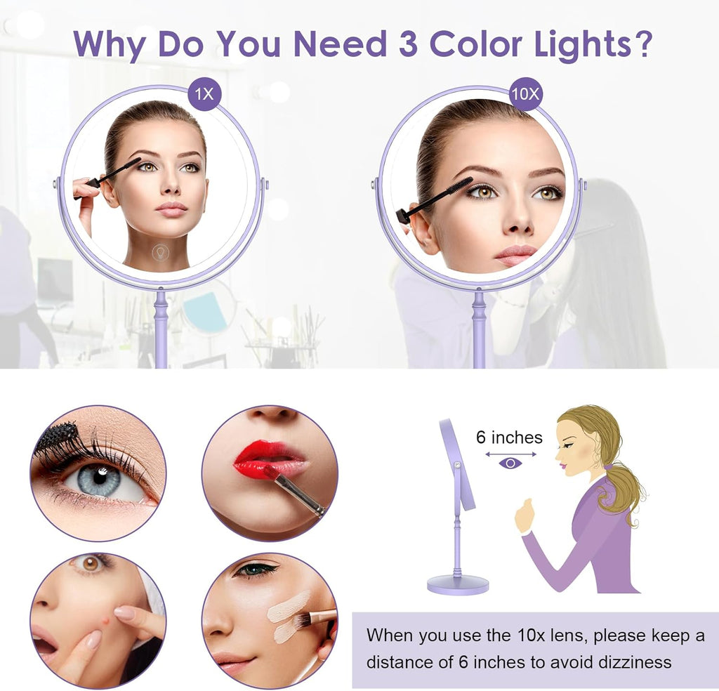 Lighted Makeup Mirror, 3000 mAh Rechargeable Double Sided Magnifying Vanity Mirror with 3 Colors, 1x/10x, 360° Rotation , Brightness Adjustable Magnification Cosmetic Light up Mirror, Women Gift