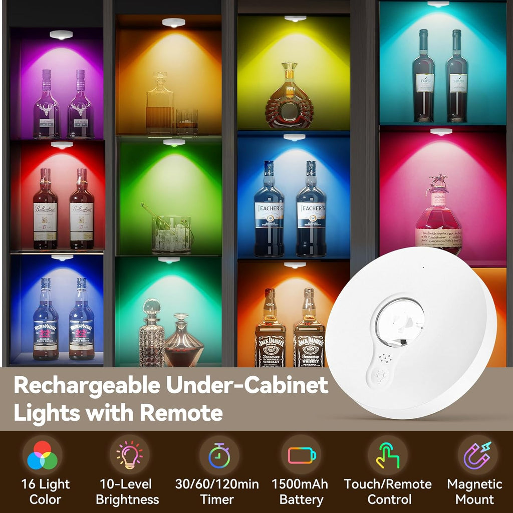 Rechargeable Puck Lights with Remote, 3 Pack Magnetic Under Cabinet Lighting, 1500mAh Battery Operated LED Tap Lights with Dimmer & Timmer for Kitchen, Closet, Shelf - 3 Color Temps & 12 RGB, White