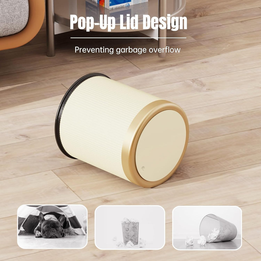 URALFA 2Pack Bathroom Trash Can with Lid, Small Garbage Can Dog Proof, Plastic Waste Basket with Pop-up Lid for Toilet, Office, Bedroom, Living Room, 2.8 Gallon + 3.7 Gallon (Cream White)