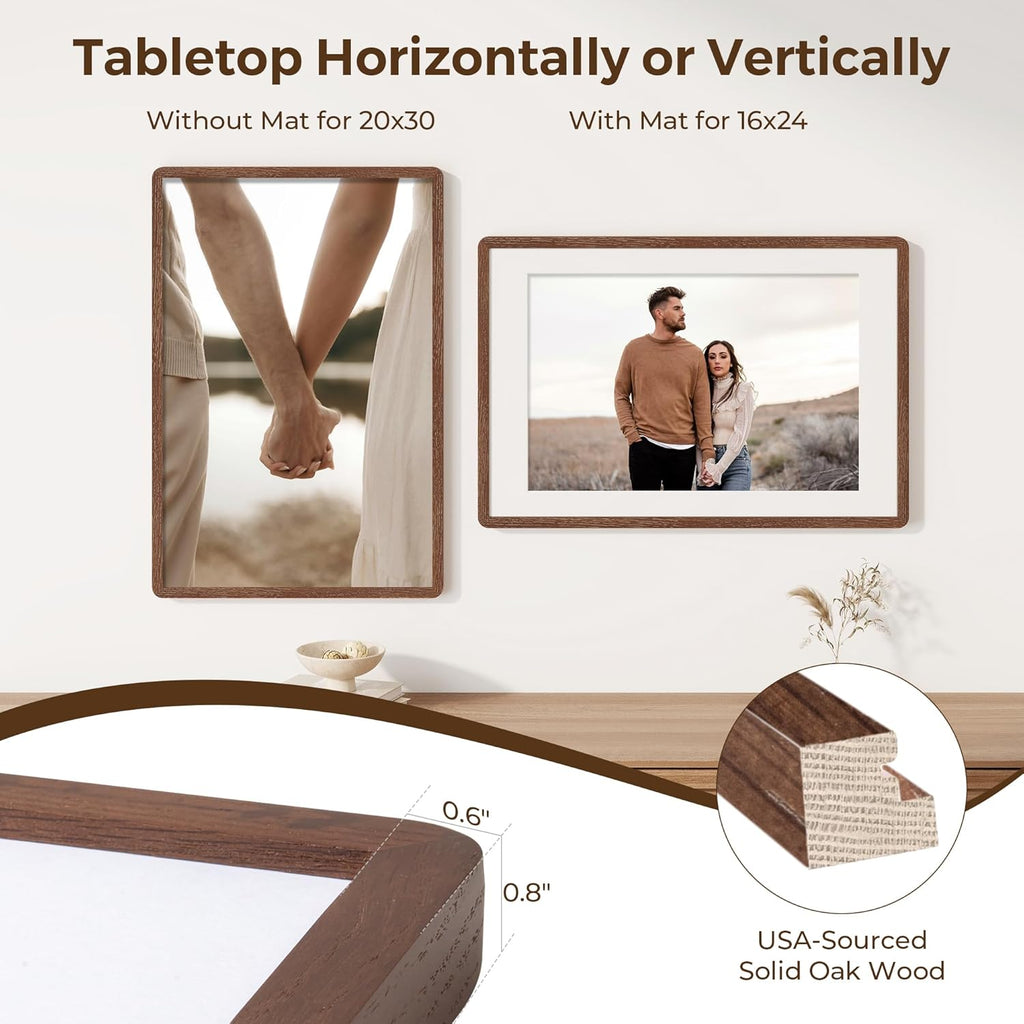 20x30 Picture Frame, 20 x 30 Poster Frame - Solid Oak Wood, 20 by 30 Frame with Tempered Glass, Rustic Wooden 20"x30" Frame with Mat for 16"x24", Minimalist 20x30 Frames for Wall, Walnut Color, 1 Pack