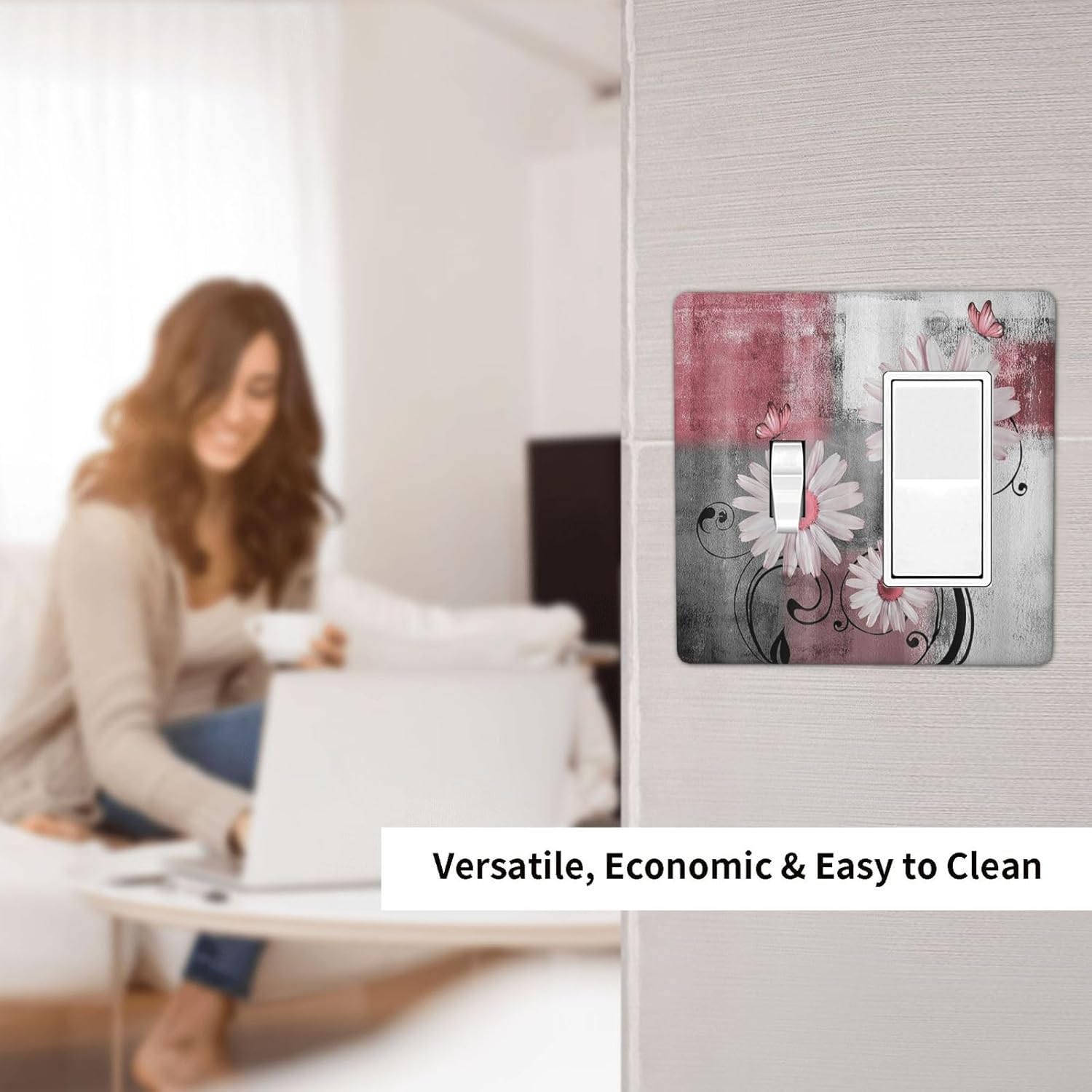 Outlet Covers Pink Floral Rustic Daisy Flower And Butterfly 1 Toggle 1 Rocker Combination Decorative Wall Plate Light Switch Cover Plate Electrical Switch Plates for Farmhouse Cabin Decor