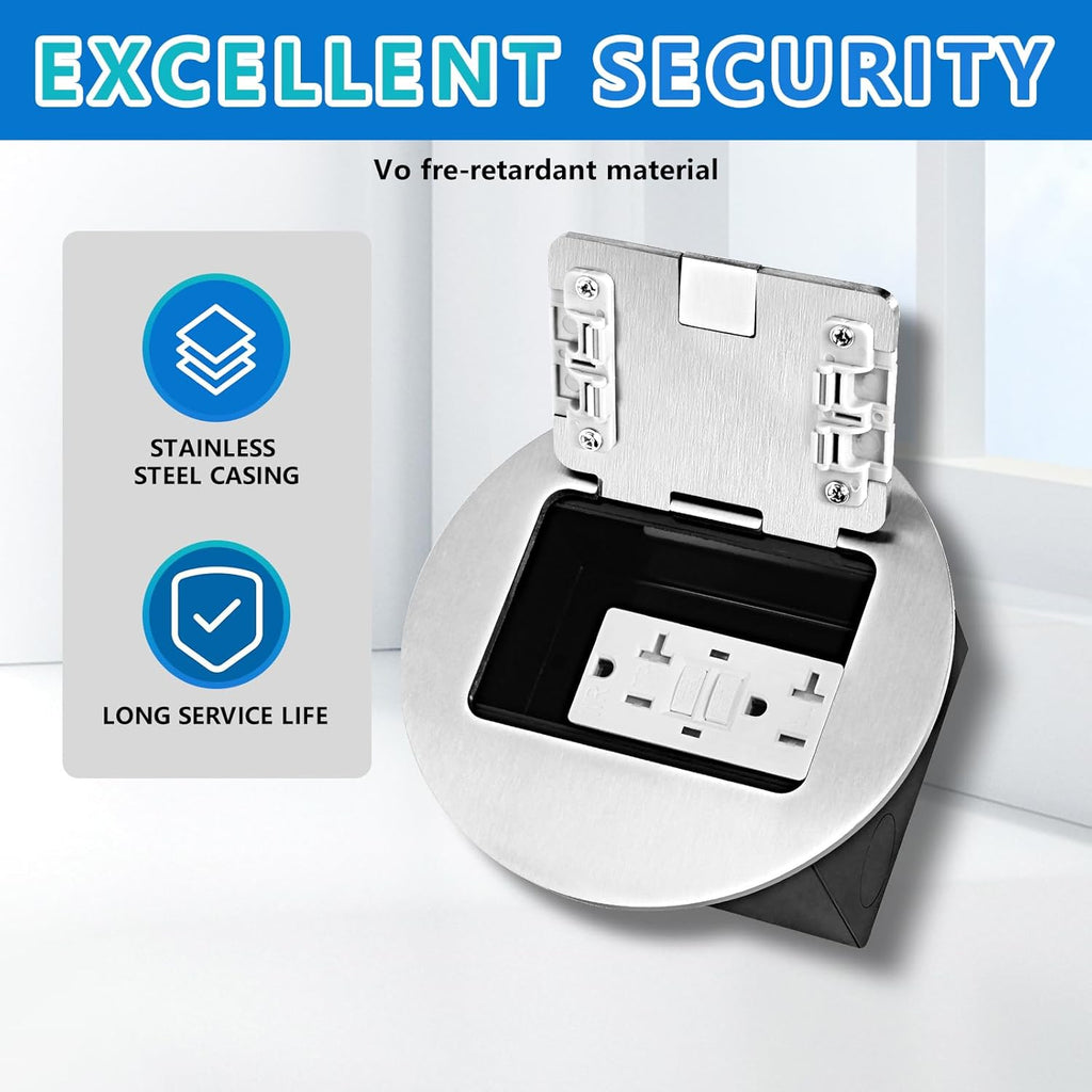 KYHSHJ Recessed Circular Floor Socket Kit with2* 20 Amp Stainless Steel GFCI Tamper Receptacle Outlet,Corrosive Resistant Hardware，Silver
