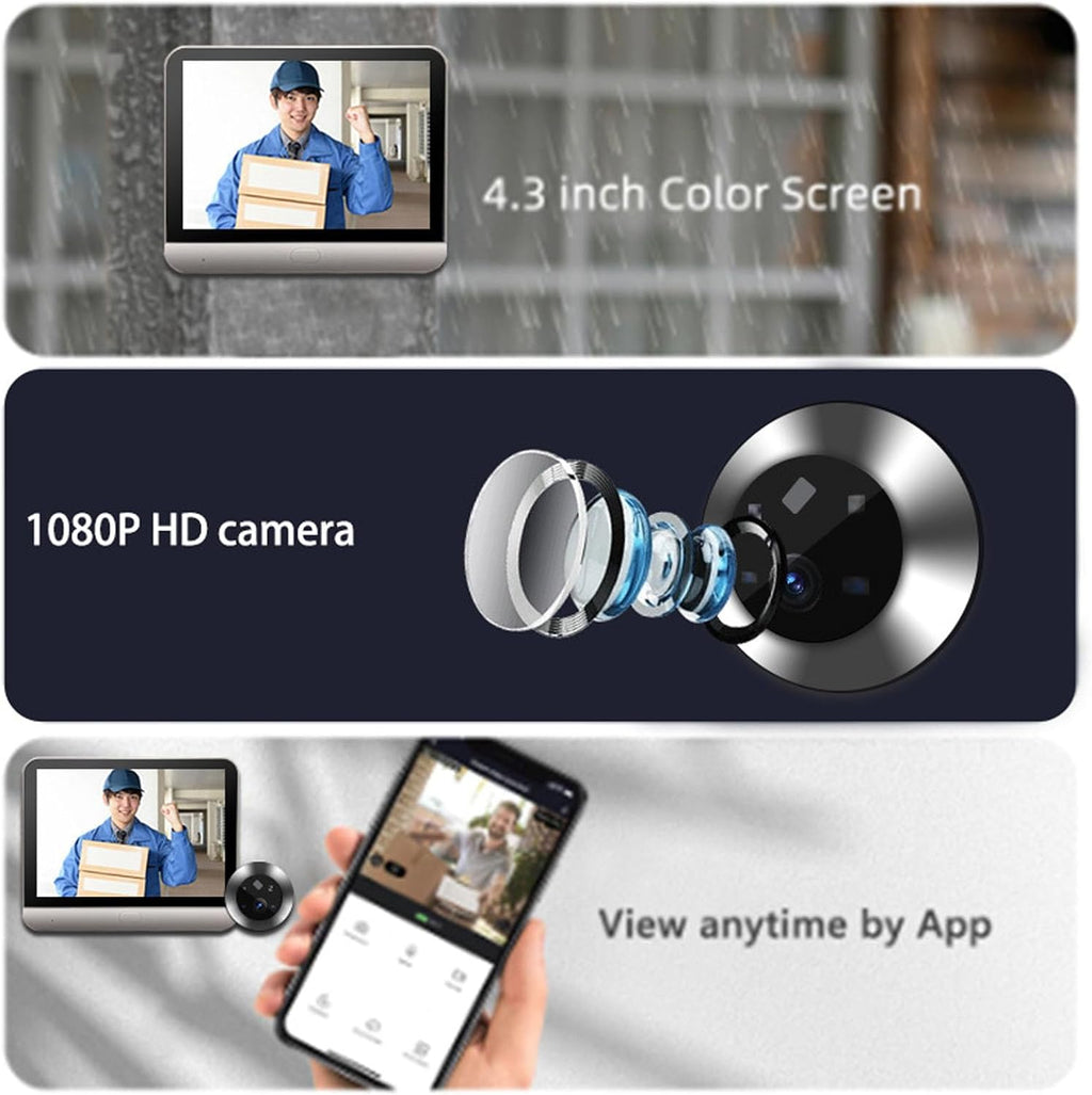 1080P Door Peephole Camera 4.3 inch Smart Visual Intercom Doorbell with Two Way Call, PIR Body Detection, 5000mah Rechargeable Battery Cloud SD