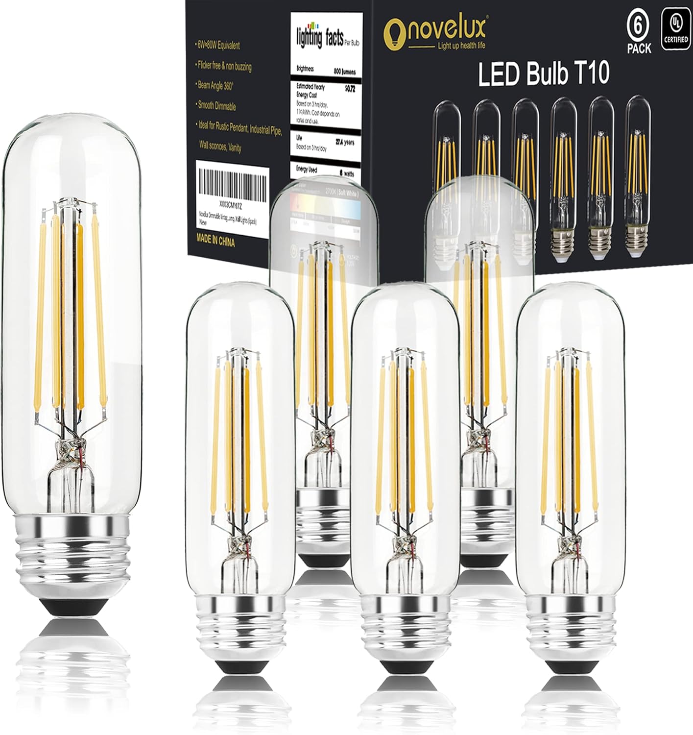 5 Inch Edison Bulb, 2700K Soft White E26 Led Bulb 6W Dimmable, 800LM T10/T9 Clear Glass Tubular Light Bulbs, AC 120V Equal 80 Watt Bulbs for Chandelier Pendant Wall Light - 6Pack
