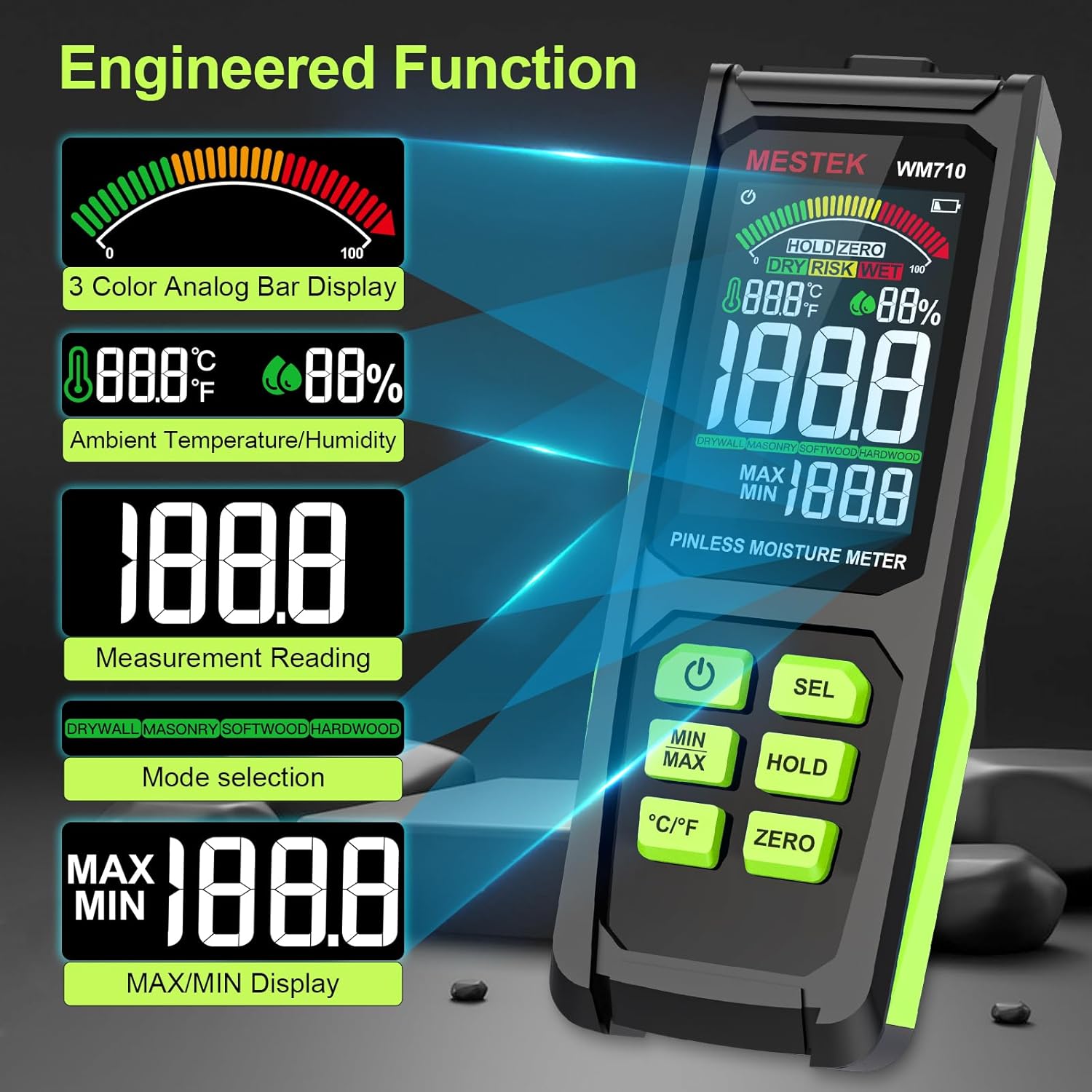 MESTEK Pinless Wood Moisture Meter - Digital Moisture Detector for Lumber Drywall Firewood Masonry Woodworking Plaster Floor Concrete Building, Moisture Reader and Tester with LCD Display & Audible