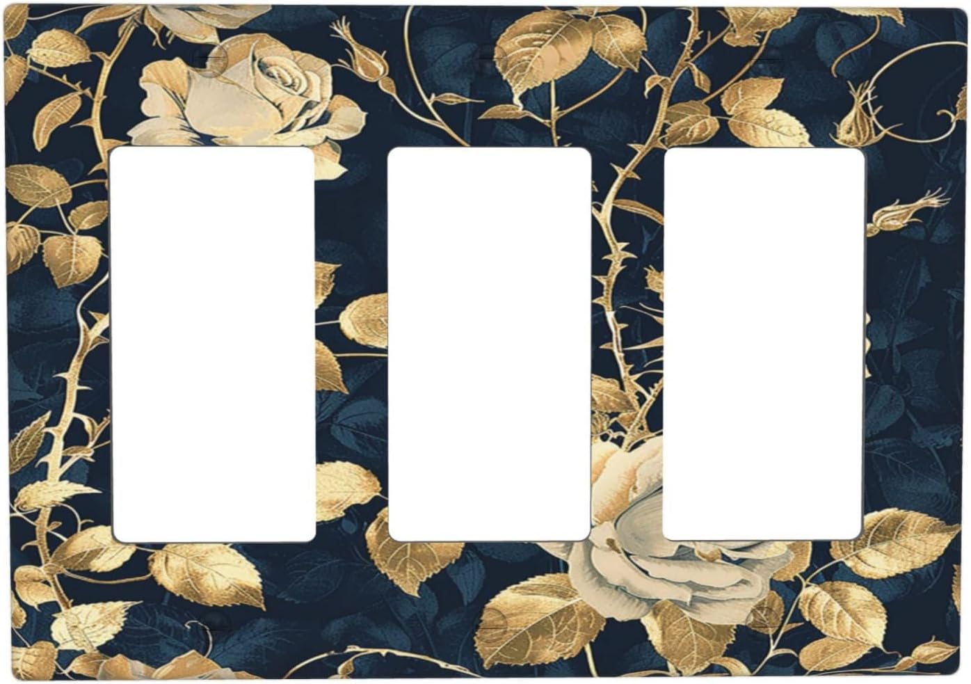 Light Switch Covers Boho Vintage Floral Golden Flower Dark Blue Background 3 Gang Rocker Electrical GFCI Decorative Triple Outlet Wall Plate Cover Switchplate for Bedroom living Room Decor