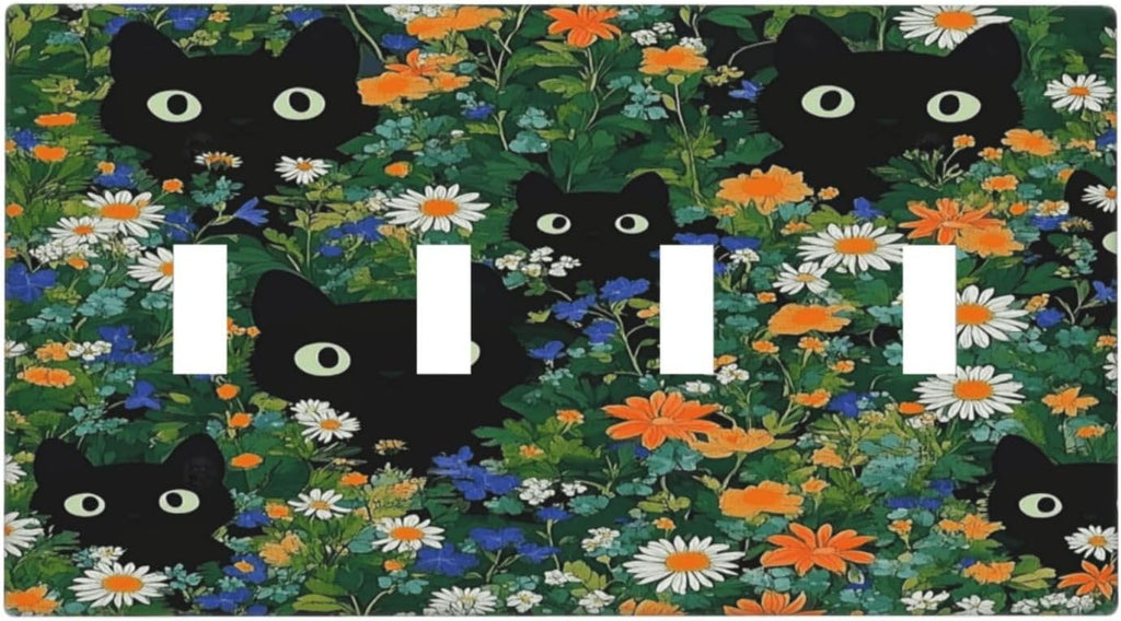 Boho Funny Black Cute Cats Daisy Wildflower Light Switch Covers Quad Toggle Electrical Faceplate 4 Gang Wall Plate Decorative Switch Plates For Kids Room Bed Room Decor
