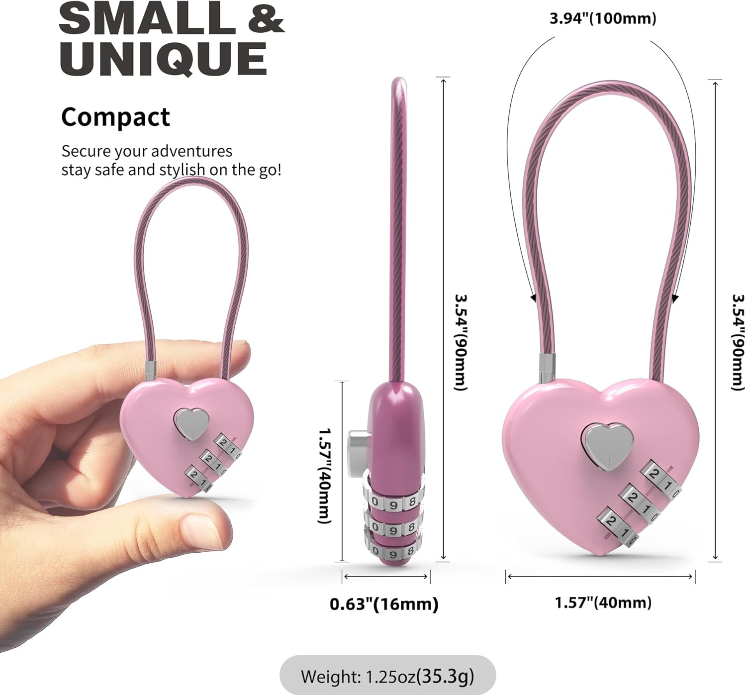 Small Combination Lock for Locker, Cable Lock with Code, Pink Padlock Combination, for Luggage, Suitcase, Gym Locker, Backpack Zipper, Cabinet, Box, Fence Gate, Travel Safe, Outdoor Use