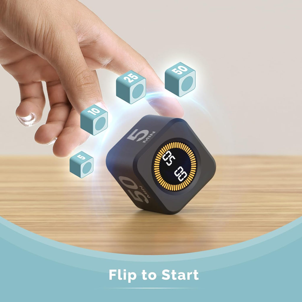 KADAMS Pomodoro Cube Timer Productivity Visual Timer - 5/10/25/50 Min Rotating Countdown (Black + White)