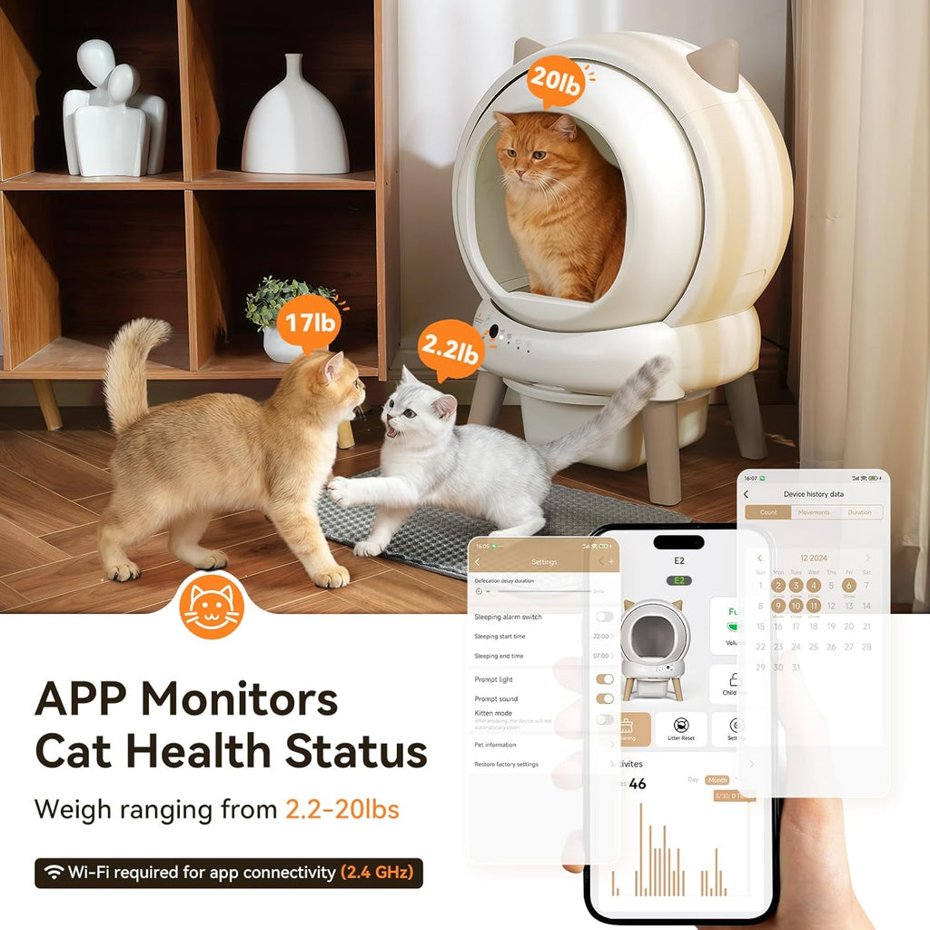 Self Cleaning Litter Box - E2 Automatic Cat Litter Box Large Smart Self Cleaning Robot for Cats, Double Safety Protection, App Control, 2 Roll Garbage Bags & Mat