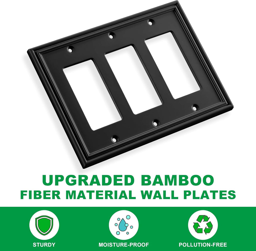 Black Modern Decorative Wall Plate Light Switch Cover Decorator Outlet Covers Rocker Switch Plates Bamboo Fiber Material Wall Plates for Kitchen Bathroom (3 Gang Triple Decorator-1 Pack)