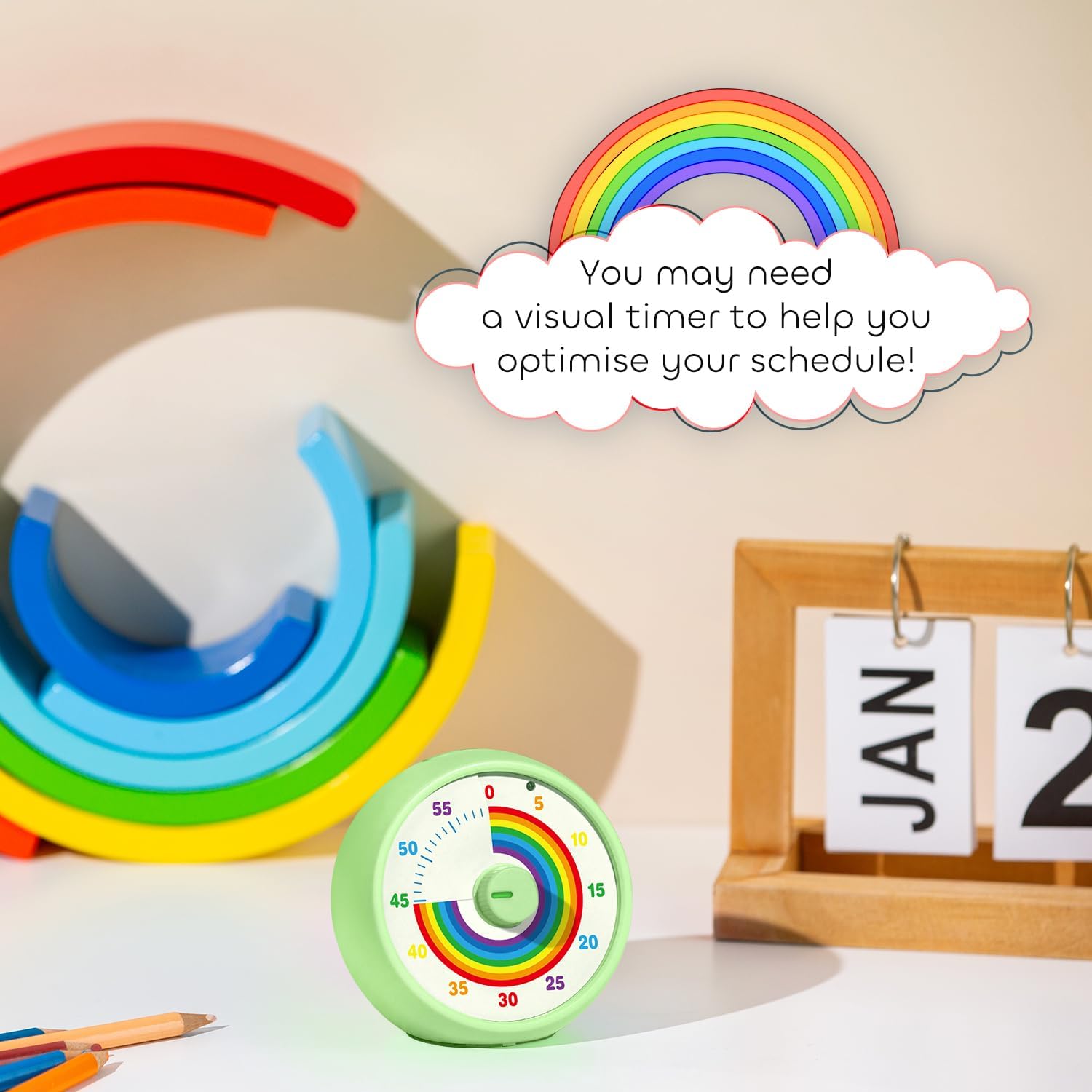 Visual Timer for Kids, 60-Minute Countdown Timer for Classroom Office Kitchen, Desk Timer Kids Time Management Tools with Silent Operation, Pomodoro Time Rainbow Pattern (Green)