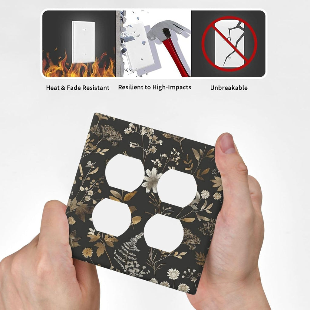 Outlet Covers Black Gold Floral Dark Leaves Vintage Flowers 2 Gang Double Duplex Decorative Light Switch Covers Electrical Wallplates Socket Faceplate for Bed Room Home Decor