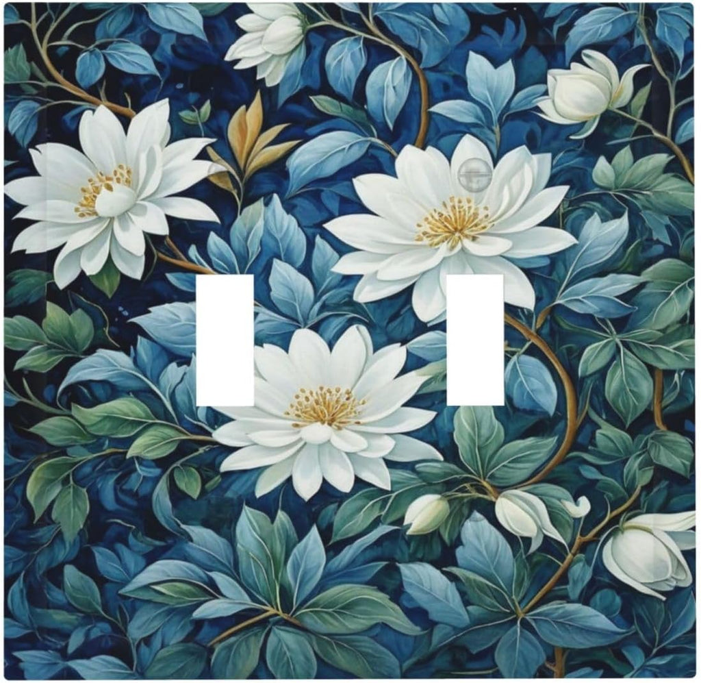 White Flowers Green Leaves Light Switch Covers Double Toggle 2 Gang Wall Plate Dual Decorative Switchplate Electrical Faceplate for Farmhouse Living Room Decor
