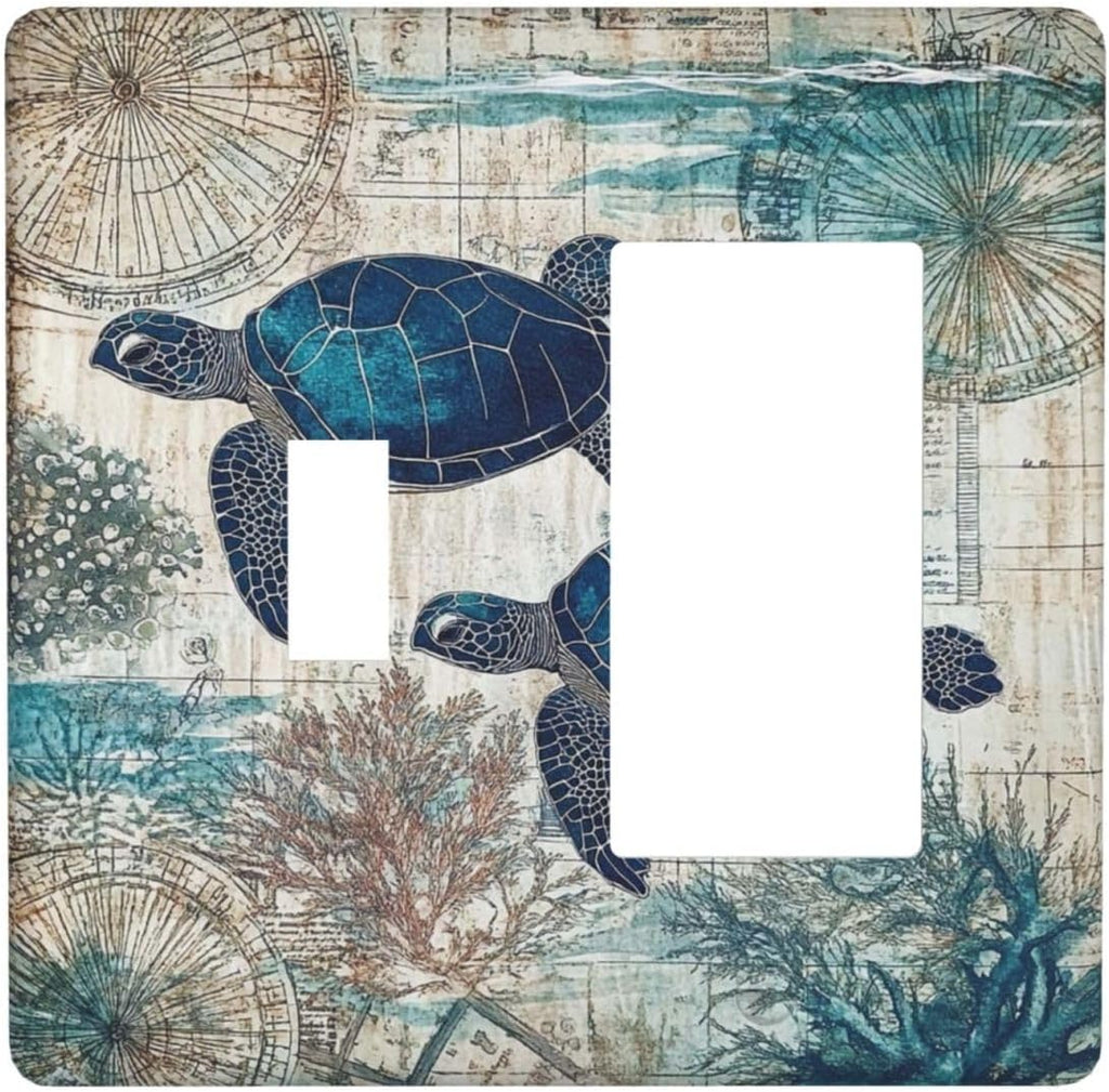 Blue Green Sea Turtle Tropical Ocean Coral Nautical Map Outlet Covers 1 Toggle 1 Rocker Combination Decorative Wall Plate Electrical Switch Plates Light Switch Cover Plate For Bed Room Bathroom Decor