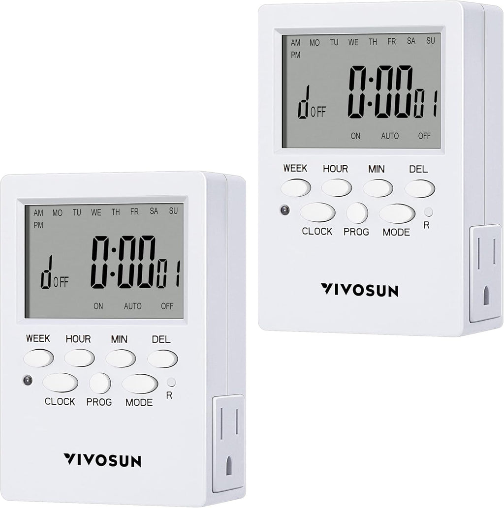 VIVOSUN 7 Day Programmable Digital Timer with Dual Outlet, 20 On/Off UL Listed Heavy Duty Plug-in Outlet Timer with Countdown Setting, Indoor for Lamp, Fan, Heater, Humidifiers, Aquarium (2 Pack)