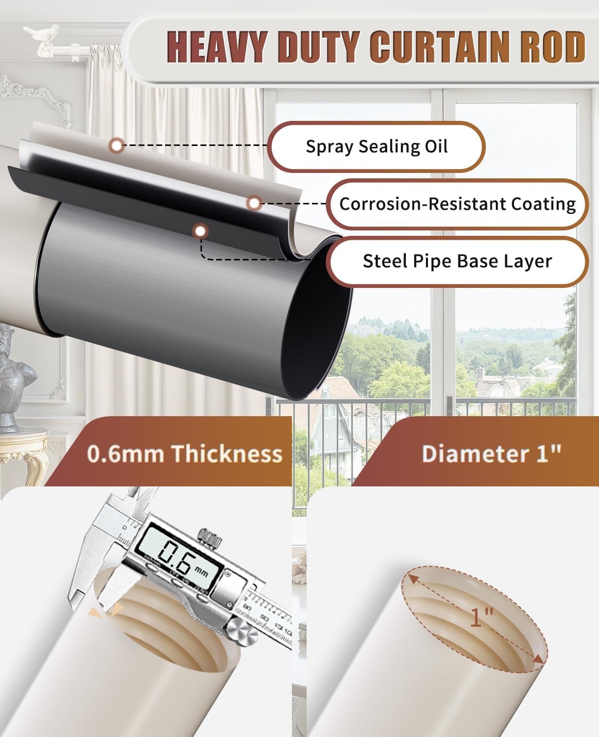 White Curtain Rod 36 to 144 Inches Curtain Rods for Windows Adjustable Heavy Duty Drapery Rod with Bird Finials for Kitchen Window Living Room