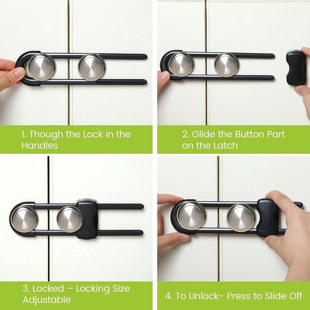 Jetec 10 Pieces Cabinet Locks for Babies, U-Shaped Proofing Drawers Safety Child Locks Adjustable, Easy to Use Childproof Latch for Knob Handle on Kitchen Door Storage Cupboard Closet (Black)