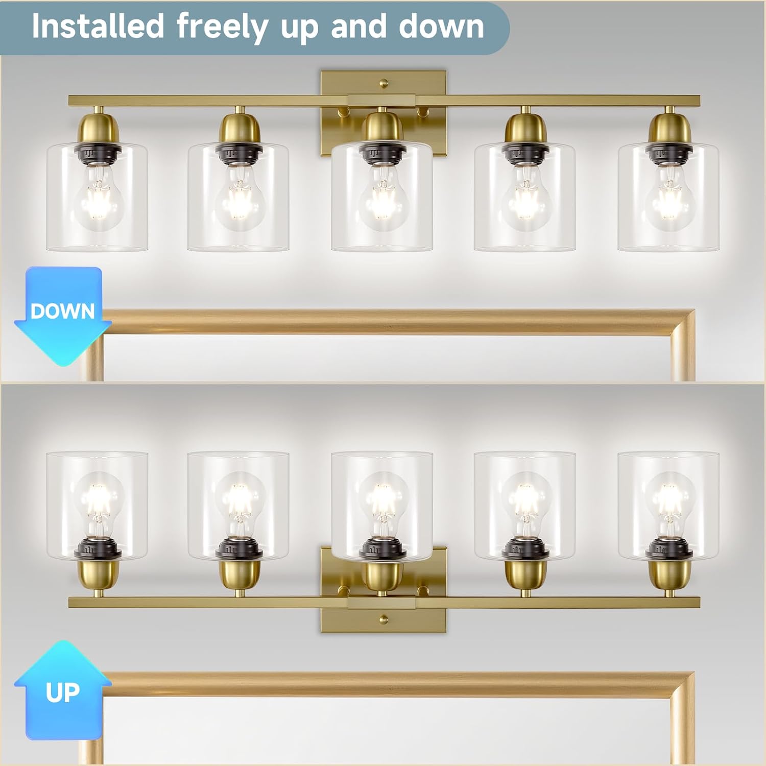 Modern Brushed Gold 5 Light Bathroom Vanity Light,31 inch Vanity Lights for Bathroom with Clear Glass for Mirror Kitchen Living Room Hallway Cabinet Porch