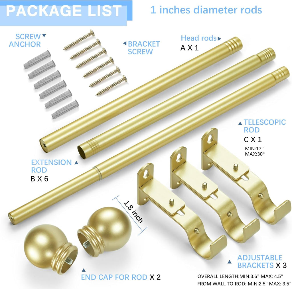 Curtain Rods for Windows 16 to 120 Inches, Curtain Rod Max Adjustable Length of 132 IN, 1" Diameter Drapery Rods Round Finials, Warm Gold, Pack of 1