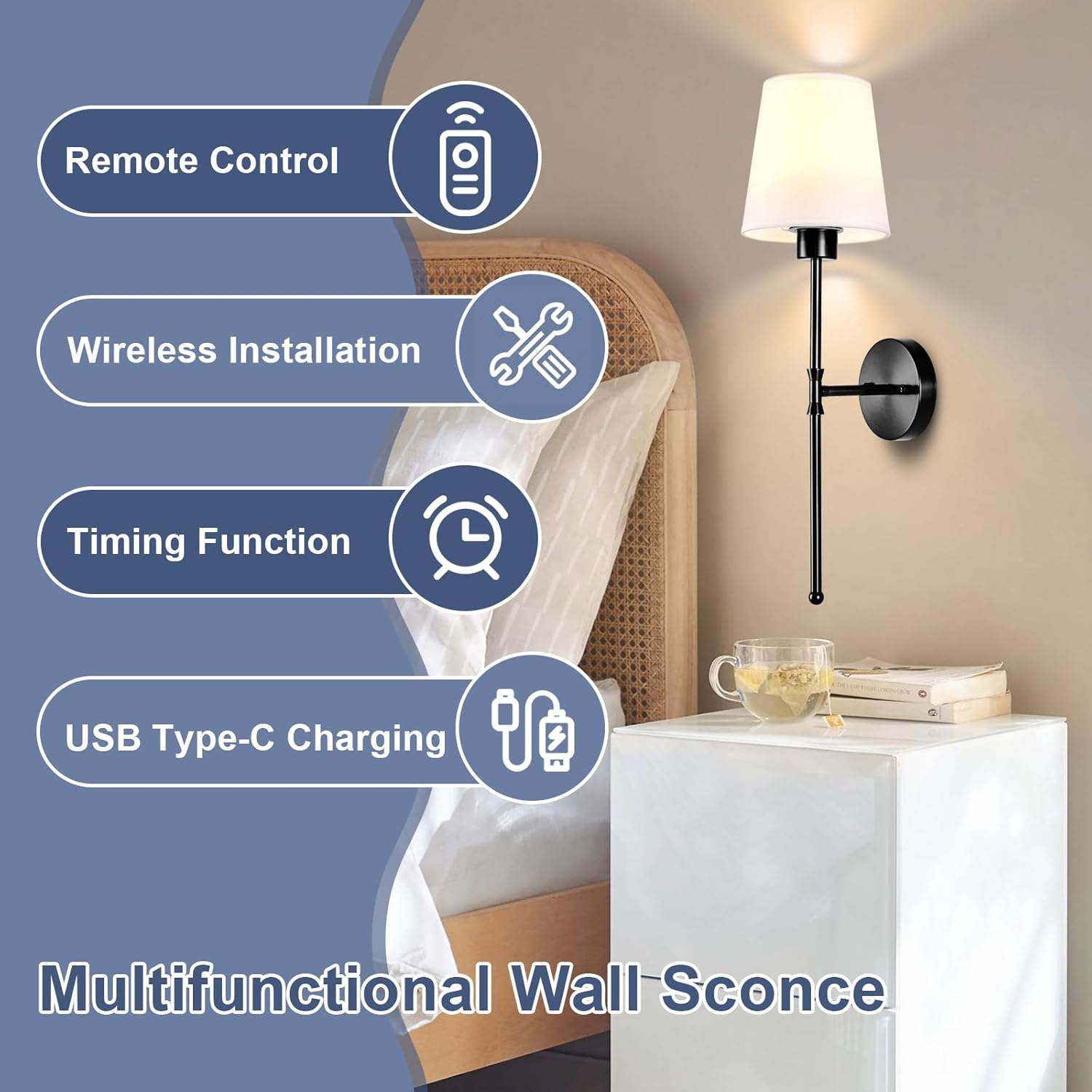 Depuley Battery Operated Wall Sconce: Rechargeable Wall Lamp Set of 2 with Remote and Dimmable Bulb for Home Decor - Wireless Wall Lights with 15 Colors for Bedroom E26 Base Fabric Shade Black