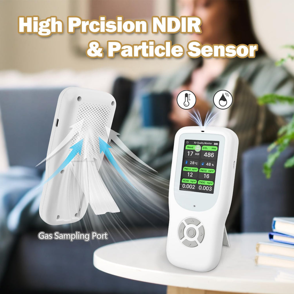11-in-1 Air Quality Monitor - Portable Indoor Air Quality Detector with Stand, Real-Time Test for AQI, CO2, PM2.5, PM1.0, PM10, TVOC, HCHO, Particles, Temperature & Humidity with Aler (White-Black)
