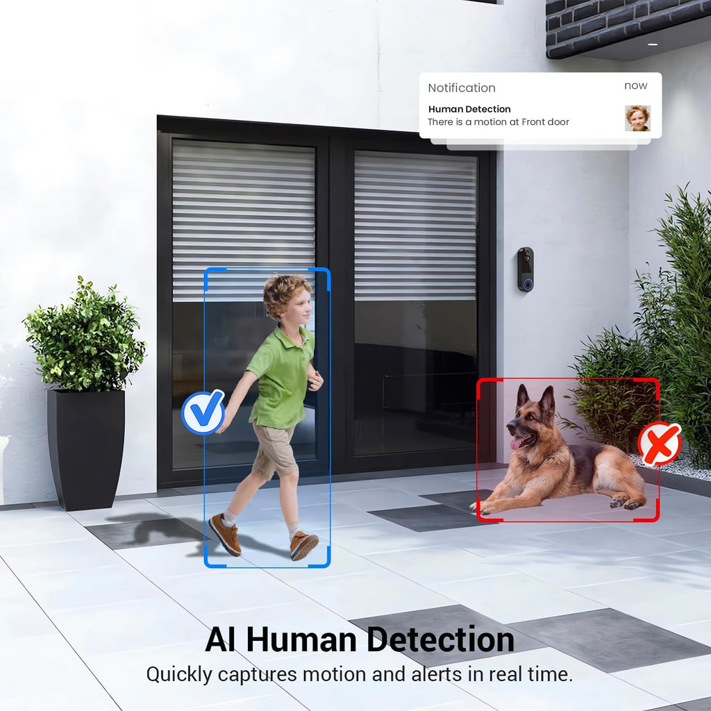 1080p Wireless Video Doorbell Camera, Live View, Night Vision, Two Way Audio, Cloud Storage, AI Motion Detection, Indoor/Outdoor Surveillance, Battery Powered, 2.4G WiFi Only